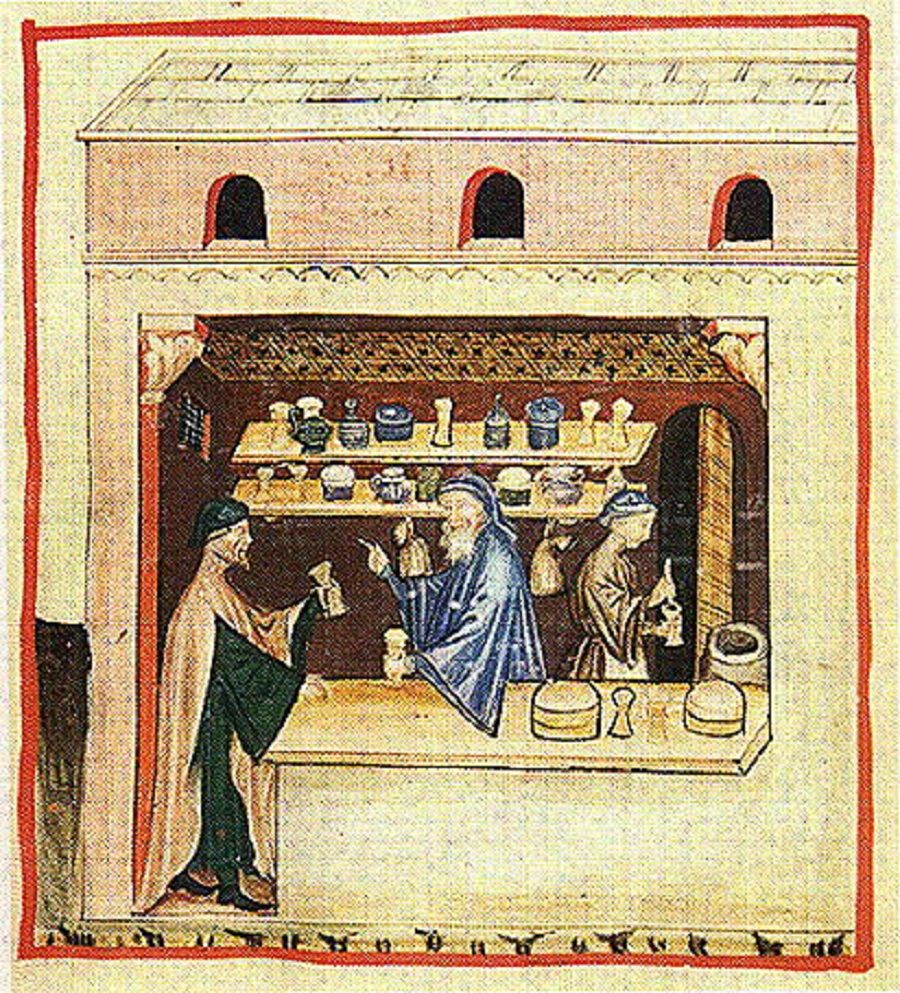 A man purchasing an item at an apotecary from a 15th century illuminated manuscript.