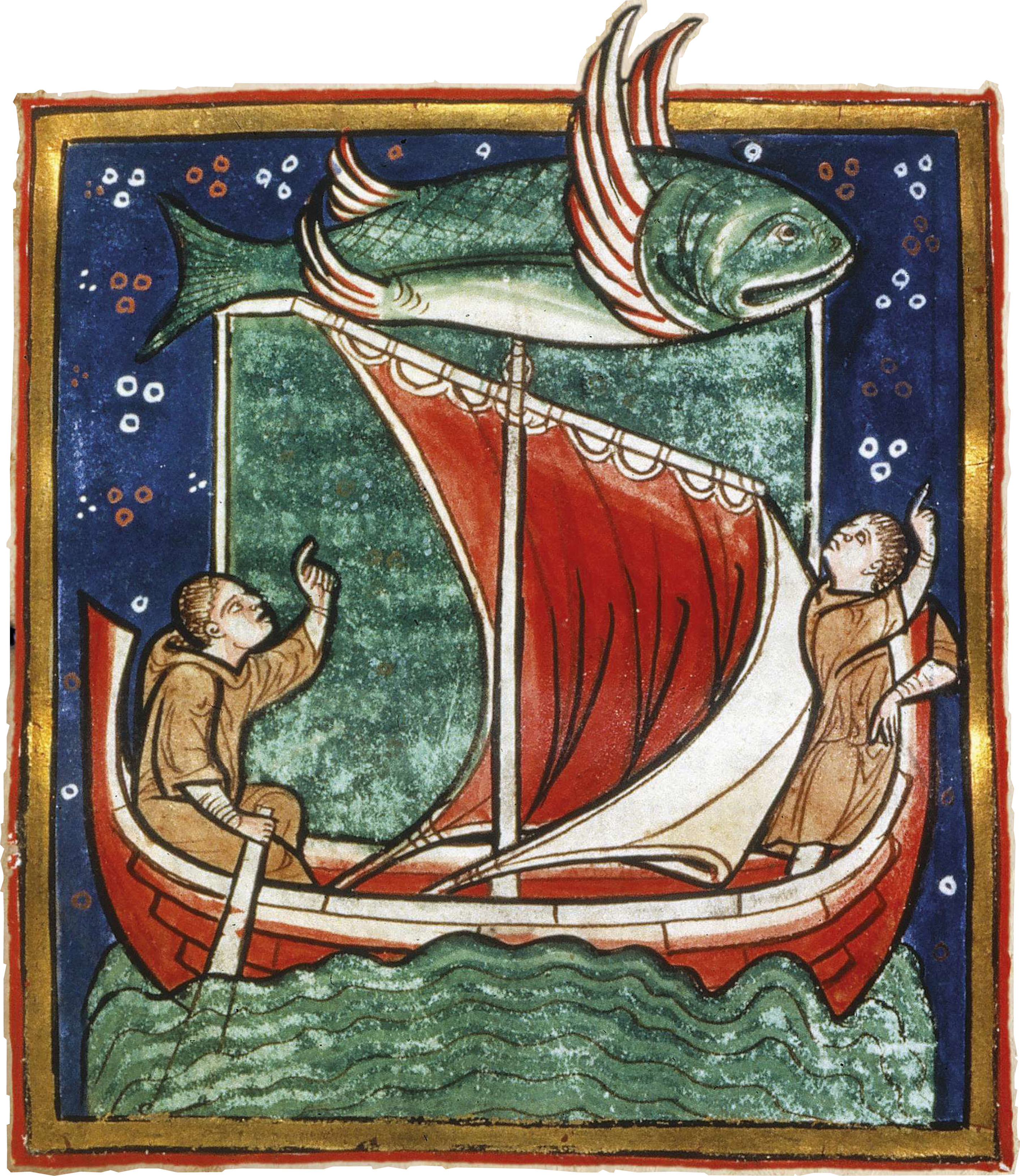 Two men in a boat pointing at a flying fish overhead.