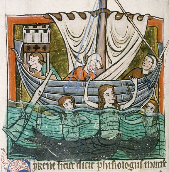 Three sailors in a boat with three mermaids in the water around it.
