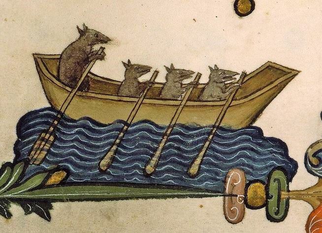 Several rats rowing a small boat.