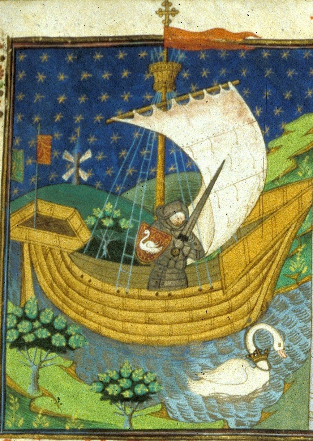 A sailor in a boat. In the water, a swan with a crown around its neck.