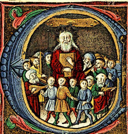 An illuminated letter with a man holding a sheet of paper, surrounded by children and others playing sintruments.