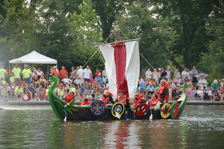 The Barony of Three Rivers sets sail on their Viking longship.